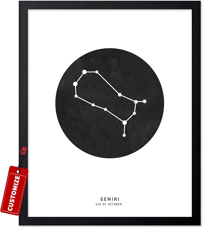 Poster Master Personalized Gemini Print, Customized Black Star Map Poster and Canvas, Zodiac Sign Art, Gift for Family, Loved Ones, Friends, Available in 8x10 to 30x40 - Gemini Canvas for men