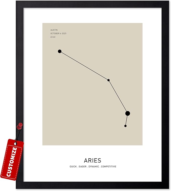 Monem Art Personalized Aries Print, Customized Constellation Star Map Poster and Canvas, Zodiac Sign Art, Gift for Family, Loved Ones, Friends, Available in 8x10" to 30x40" - Aries Poster for men