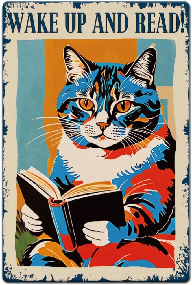 SUPERDANT Reading Cat Tin Signs Wake Up and Read Metal Sign Poster Funny Cat Animal Vintage Wall Art Plaque Living Room Bedroom Home Reading Room Decor for Man Cave Garage Bar Decoration - Aries Poster for men
