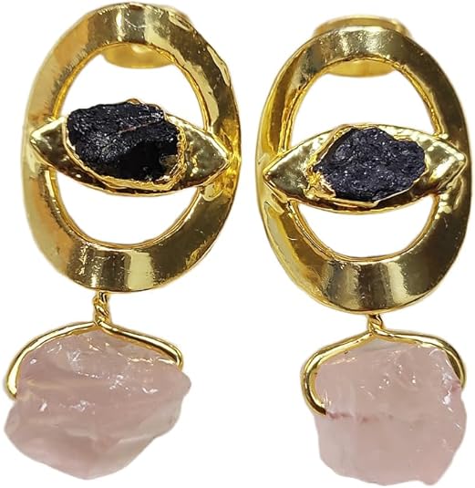 Divine Eye Rough Black Tourmaline Rose Quartz Earrings, 14K Gold Finish Earring, Handmade Wholesale Jewelry, Aries, Leo, Libra, Taurus Zodiac Sign, Best Friend Gift, Couples Gift - Aries Earrings for men