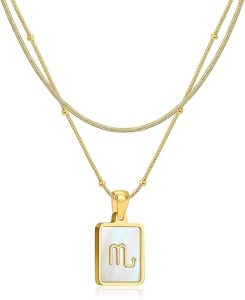 LETFLY Zodiac Natural Shell Layered Gold Necklace for Women, 18K Gold Plated Square Shaped Pendant with Adjustable Layered Snake Chain for Womens Jewelry Gifts - Scorpio Products for men