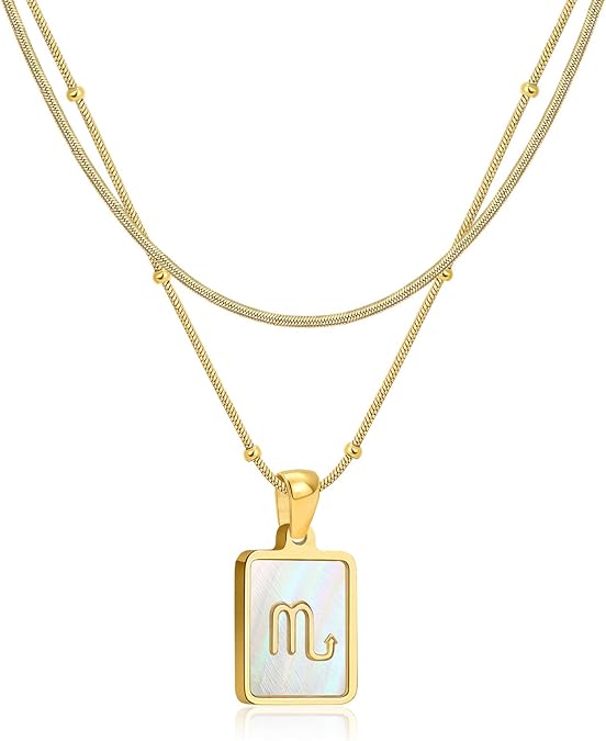 LETFLY Zodiac Natural Shell Layered Gold Necklace for Women, 18K Gold Plated Square Shaped Pendant with Adjustable Layered Snake Chain for Womens Jewelry Gifts - Scorpio Products for men