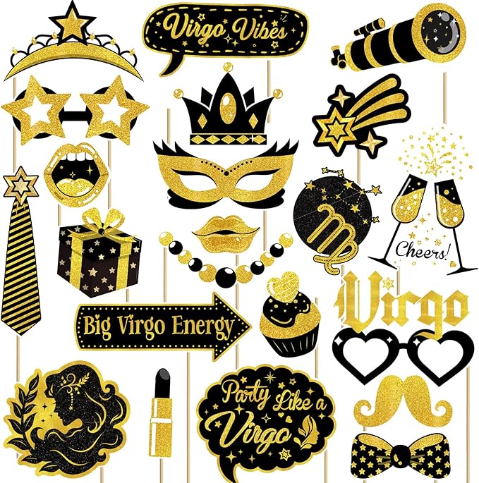 Virgo Birthday Photo Booth Props - 22 Pcs Black Gold Virgo Themed Photo Booth Props Decorations for August September Birthday Party, Zodiac, Horoscope, Astrology Bday Party Supplies - Virgo Poster for men