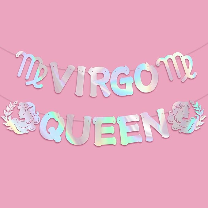 Virgo Queen Banner for August September Birthday Party Decorations, Glitter Iridescent Zodiac Virgo Birthday Banner for Horoscope, Astrology Bday Party Decor, Ideas, Jokes and Favors (Iridescent) - Virgo Poster for men