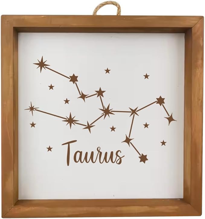 Framed Wood Sign Wall Art Home Desk Decor Gift Taurus Star Zodiac Horoscope Constellation (Brown Frame) - Taurus Products for men