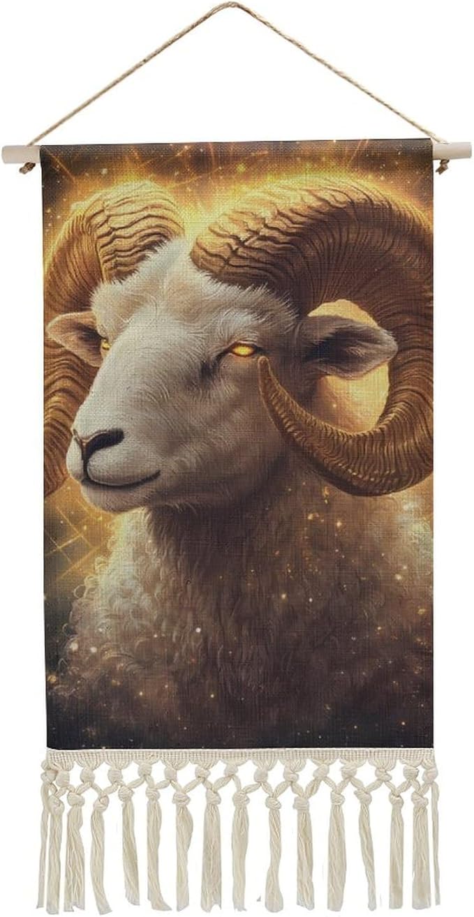 Zodiac Sign Aries Golden Hanging Poster Cotton And Linen Vintage Wall Art with Tassels Tapestry Home Decor - Aries Poster for men