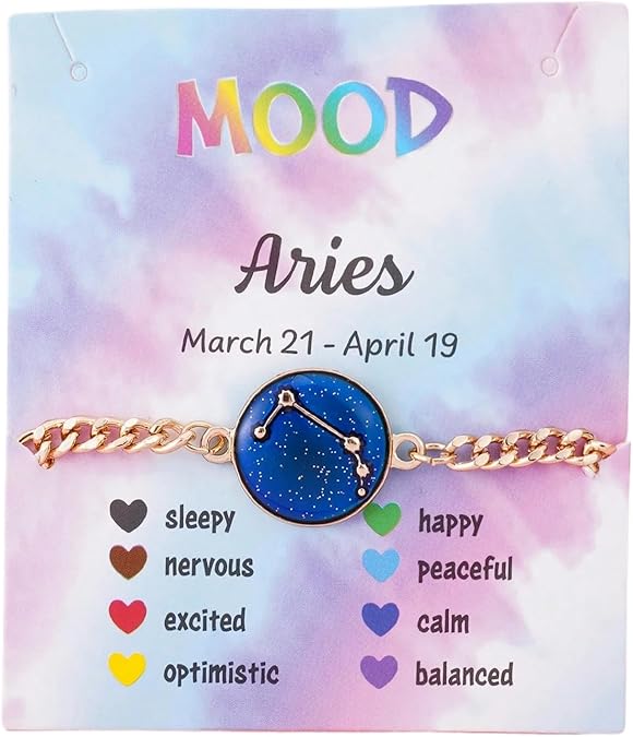 Mood Sensing Color Changing Constellation Bracelet, 18K Gold Plated 12 Zodiac Jewelry for Emotion Regulation - Aries Bracelet for men