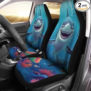 Cartoon Shark Printed Car Front Seat Cover Set of 2, Universal Fit, Made of Soft Polyester, Easy to Install, Edgy Style — Fits Most Vehicles - Aquarius Car Seat Cover for men