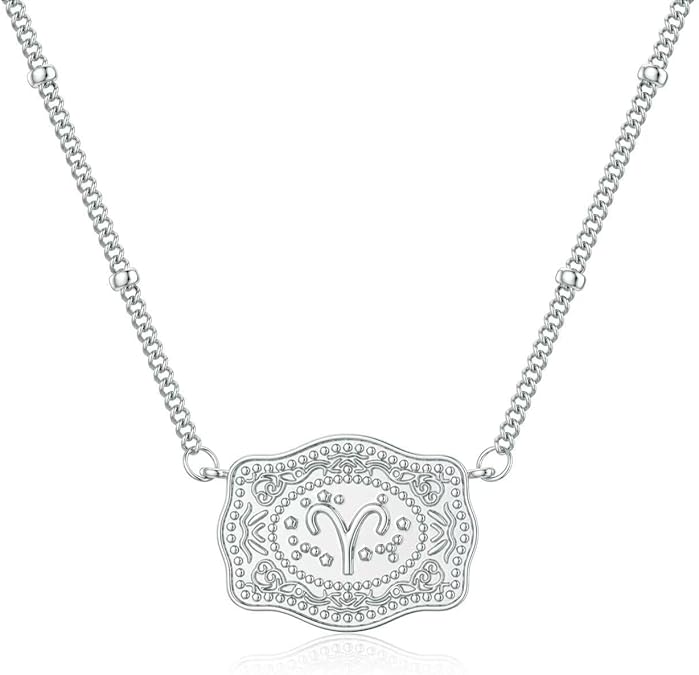 Zodiac Necklace Pendant for Women Silver Galax Belt Buckle Necklace Horoscope Sign Personalized Necklace Chunky Constellation Statement Necklace Celestial Costume Jewelry Accessories - Aries Necklace for men