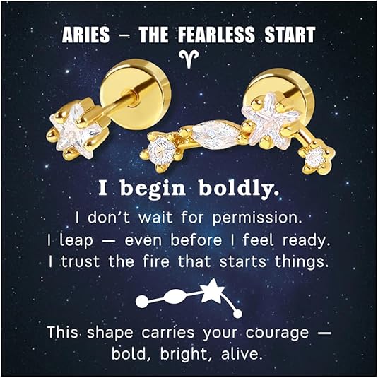 Zodiac Constellation Flat Back Stud Earrings – 14K Gold Plated Surgical Steel Studs with CZ, Dainty Screw Back Earrings for Women, Stainless Steel Flatback Stud Set Inspired Horoscope Jewelry Gifts - Aries Ring for men