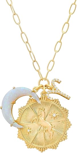 Gold Zodiac Sign Embossed Coin Opal Crescent Moon Charm Necklace for Women Trendy 18K Gold Plated Retro Paperclip Chain 12 Constellation Horoscope Necklaces Astrology Jewelry Gifts - Aries Necklace for men