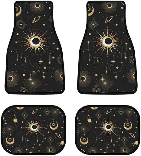 Gold Astrology Mystical Elements 4-Piece Black All-Season Floor Mats, Universal Trim-to-Fit Custom Auto Mats,Anti-Slip Design - Virgo Car Floor Mat for men