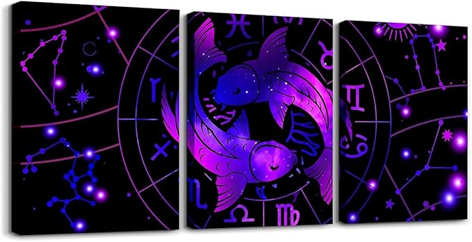 Feelyou Pisces Canvas Wall Art for Living Room Bedroom 12"x16"x 3Pcs Constellations Picture Wall Decor for Home Decor Bathroom Kids Boys Girls Bohemian Exotic Style 12 Horoscope Astrology Painting - Pisces Canvas for men