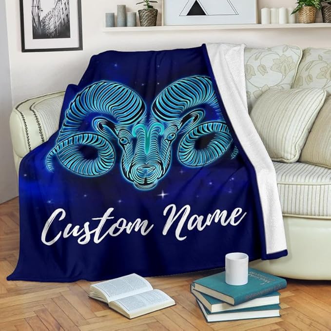 Aries Zodiac Blanket with Custom Name – Astrology-Themed Throw for Horoscope Lovers, Cozy Fleece Ram Constellation Gift (Large 60x80 Inches) - Aries Blanket for men
