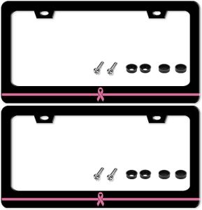 Breast Cancer Awareness License Plate Frame 2 Pack Pink Ribbon License Plate Holder for Front or Rear Car Tags Stainless Steel Funny Car Decoration with Screws 6.3 X 12.2 Inch - Cancer Car Accessories for men