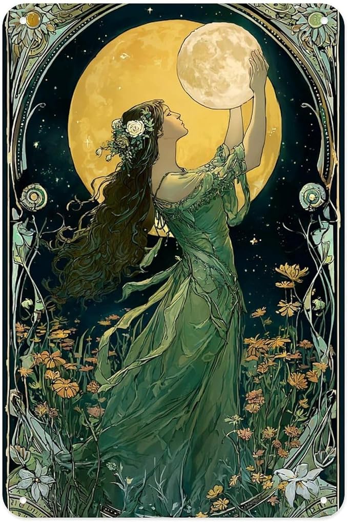 Vintage Art Nouveau Woman with Moon Metal Sign Print Aesthetic Room Decoration for Home Bedroom Kitchen Bar Dorm Bathroom Wall Decor 8 X 12 Inch - Pisces Home Decor for men