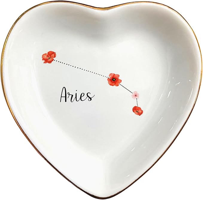 Aries Constellation Jewelry Dish, Birth Month Flower Trinket Tray for Earrings Necklaces, Zodiac Gift for Birthday Wedding Christmas Valentine, Gift for Aunt Mom Her Girlfriend - Aries Earrings for men