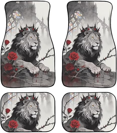 Lion Car 4 Piece Floor Mat Retro Gothic Crown Lion Universal Fit All Models Protection Heavy Duty Heel Pad Watercolor Rose Flower Fit Car Floor Front and Rear 2 Rows Set - Aries Car Floor Mat for men
