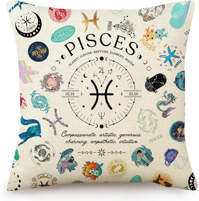 Pisces Zodiac Pillow Cover 18x18, Mystical Astrology Throw Pillow Case for Women, Birthday Gifts for Pisces Women & Girls, Fish Constellation Home Decor - Pisces for men