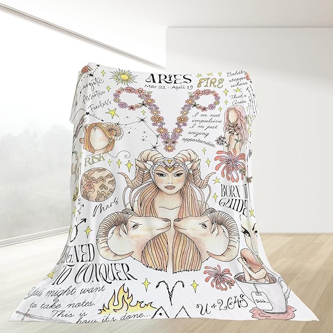 Aries Throw Blanket, Zodiac Sofa Cover, Boho Astrology Design, Fun Birthday Present Idea for Her, Warm Fleece, Great Gift for Friend, Daughter - Aries Blanket for men