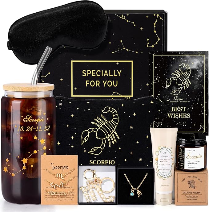 14PCS Scorpio Birthday Christmas Gifts for Women, Scorpio Astrology Gifts for Women Bakets, 12 Zodiac Gifts for Woman Friends Female Friendship, Sco Astrological 16 oz Glass Cups with Gift Set Box - Scorpio Products for men