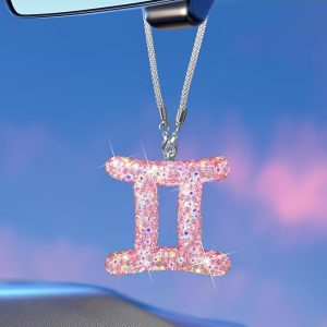 Bling Car Accessories for Women, 12 Zodiac Constellation Charm Crystal Pendant, Rear View Mirror Cute Crystal Pendant, Lucky Gifts Diamond Rhinestone Charm Interior Pink Gemini - Pisces Car Accessories for men