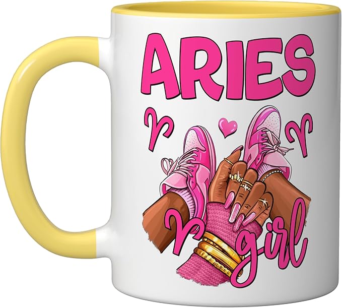 Aries Girl Birthday Queen Women Sneakers Zodiac Sign Ceramic Mug, Yellow/White - Aries Mug for men