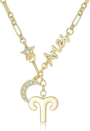 14K Gold Zodiac Necklace for Women - Horoscope Constellation Pendant with Moon and Star, Luxury Birthday Gifts Jewelry for Her (12 Zodiac Signs) - Aries Necklace for men