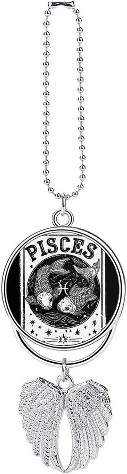 Pisces Constellation Two Fish Car Mirror Hanging Accessories Angel Wings Pendant Car Interior Lucky Charm Ornament Silver-Style - Pisces Car Accessories for men