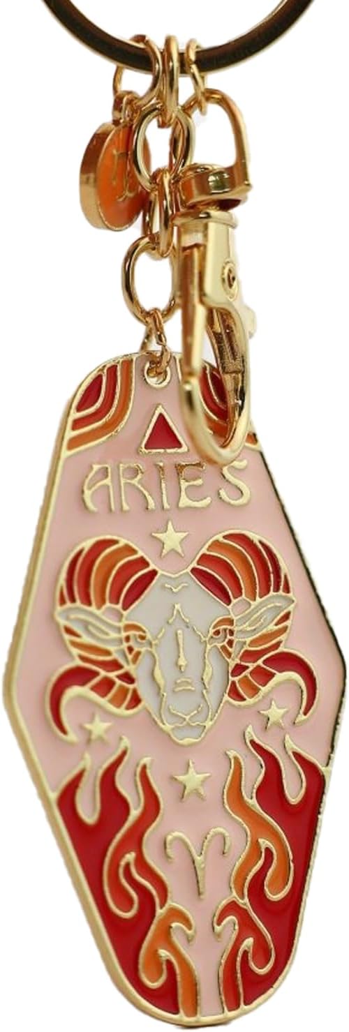 Vintage Illustrated Zodiac Keychain, 12 Constellations Enamel Keychain, Astrology Pendant for Keys or Bag, Horoscope Gift - Aries Ring for men