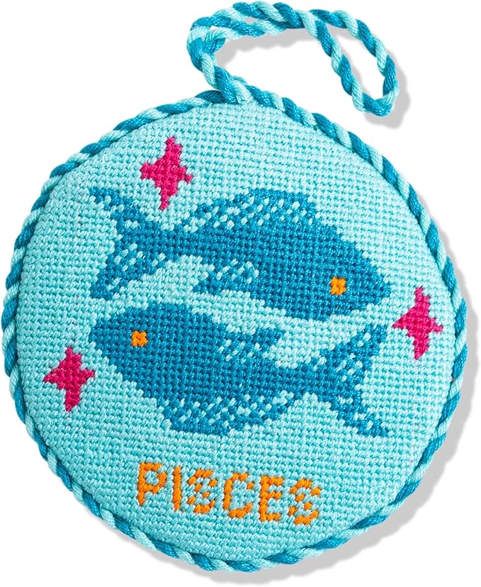 Furbish Needlepoint Zodiac Ornament - Pisces - Embroidered Christmas Tree Ornament, Astrology Holiday Decor, Stocking Stuffer & Christmas Decoration, 100% Wool, 3.5" - Pisces Home Decor for men