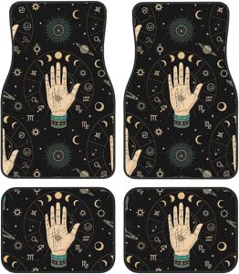 4 Piece Full Set Heavy Duty Floor Mats, All Weather Non-Slip Universal Fit for Car, Truck and SUV, Circle of Zodiac Signs with Hand with Signs Cars Mat Set Automotive Interior - Virgo Car Floor Mat for men