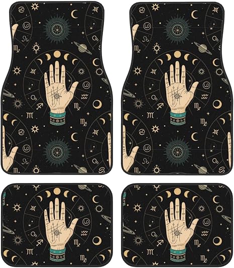 4 Piece Full Set Heavy Duty Floor Mats, All Weather Non-Slip Universal Fit for Car, Truck and SUV, Circle of Zodiac Signs with Hand with Signs Cars Mat Set Automotive Interior - Virgo Car Floor Mat for men