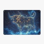 Taurus Metal tin sign，Bull with Golden Swirls & Celestial Stars，Easy-to-hang tinplate，bedroom, office walls Aluminum plaque 8x12 inches，Ideal choice for astrology enthusiasts - Taurus Products for men