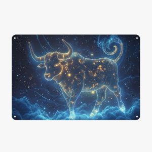 Taurus Metal tin sign，Bull with Golden Swirls & Celestial Stars，Easy-to-hang tinplate，bedroom, office walls Aluminum plaque 8x12 inches，Ideal choice for astrology enthusiasts - Taurus Products for men