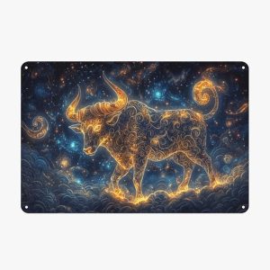Taurus Metal tin sign，Shimmering golden textures against，dreamy starry sky background，Easy-to-hang tinplate，bedroom, office walls Aluminum plaque 6x8 inches，Practical decorations - Taurus Products for men