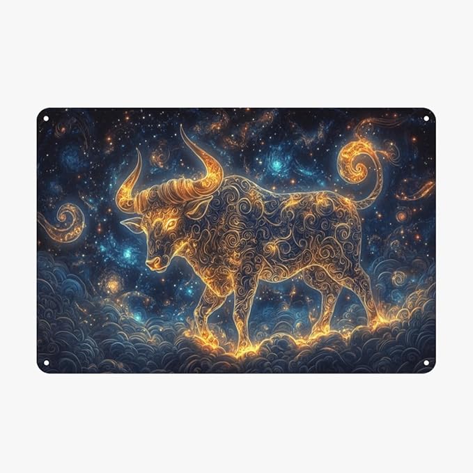 Taurus Metal tin sign，Shimmering golden textures against，dreamy starry sky background，Easy-to-hang tinplate，bedroom, office walls Aluminum plaque 6x8 inches，Practical decorations - Taurus Products for men