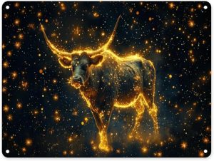Taurus Metal tin sign，The shining bull in the universe，Classic Zodiac-themed Home Wall Art，Easy-to-hang tinplate，Practical aluminum plaque 12x16 inches，Gift to relatives and friends - Taurus Products for men