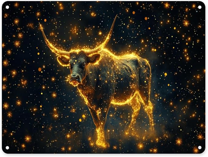Taurus Metal tin sign，The shining bull in the universe，Classic Zodiac-themed Home Wall Art，Easy-to-hang tinplate，Practical aluminum plaque 12x16 inches，Gift to relatives and friends - Taurus Products for men
