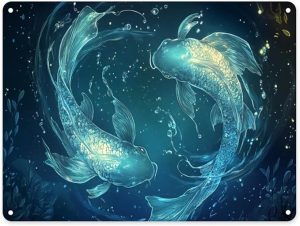 Pisces Metal tin sign，Twin kois Fish with Fluorescent Blue Scales & Water Ripples，Classic Zodiac-themed bedroom Wall Art Aluminum Plaques，Easy-to-hang tinplate 12x16 inches - Pisces for men