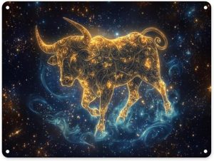 Taurus Zodiac Metal tin sign，Golden spiral and starry sky Taurus，Vintage Zodiac sign themed decor tinplate，Living room, bedroom, office walls Aluminum plaque 12x16 inches - Taurus Products for men