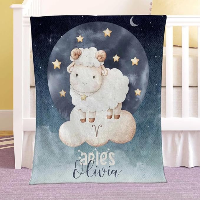 Customized Name Aries Zodiac Nursery Blanket, Personalized Horoscope Baby Blanket Birthday Gift, Celestial Throw for Kids, Custom Name Blankets, Baby Shower Present - Aries Blanket for men