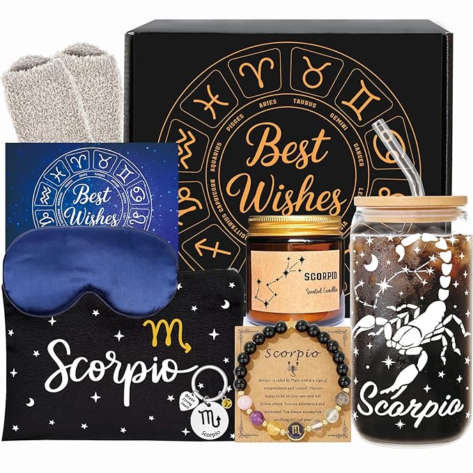 Scorpio Birthday Gifts for Women - Scorpio Glass Cup Gift set for Her - Astrology Basket for Mom Sister - Zodiac Box for Friend - Constellation Basket for Boss Lady Coworker - Scorpio Products for men
