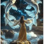 Pisces Metal tin sign，Pisces goddess in golden dress with twin fish & starry sky, ethereal wall art wall decor home Aluminum poster for zodiac fans, Easy to hang tinplate 6x8 inch - Pisces Home Decor for men