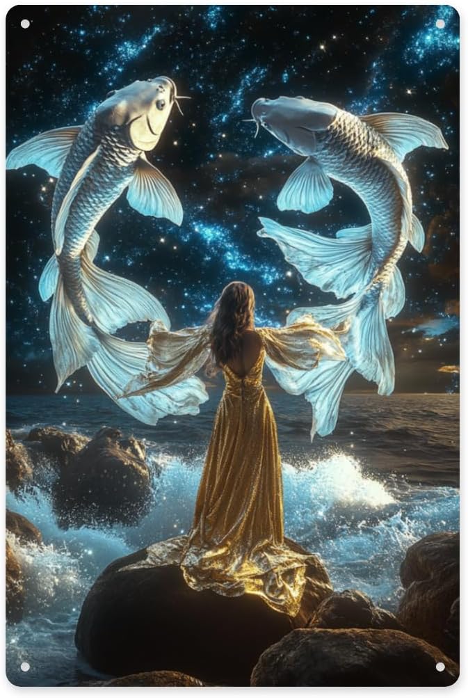 Pisces Metal tin sign，Pisces goddess in golden dress with twin fish & starry sky, ethereal wall art wall decor home Aluminum poster for zodiac fans, Easy to hang tinplate 6x8 inch - Pisces Home Decor for men