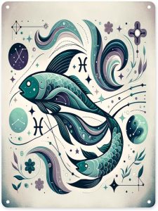 Pisces zodiac fish,Metal tin sign， star Zodiac signs & cosmic swirls, ideal wall art decor for home, bedroom or astrological enthusiasts,Easy to hang tinplate 12x16 inch - Pisces Home Decor for men