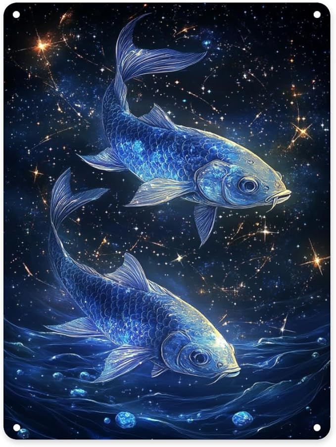 Pisces Metal tin sign，starry scales & cosmic waves, unique home wall art decor for astrology fans，Easy-to-hang aluminum plaque poster，Ideal for zodiac enthusiasts 12x16 inch - Pisces Home Decor for men