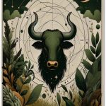 Metal tin sign，Taurus zodiac bull head with celestial circles, green leaves & starry motifs, unique wall art decor Tinplate for home, bedroom or astrological enthusiasts 6x8 inch - Taurus Products for men