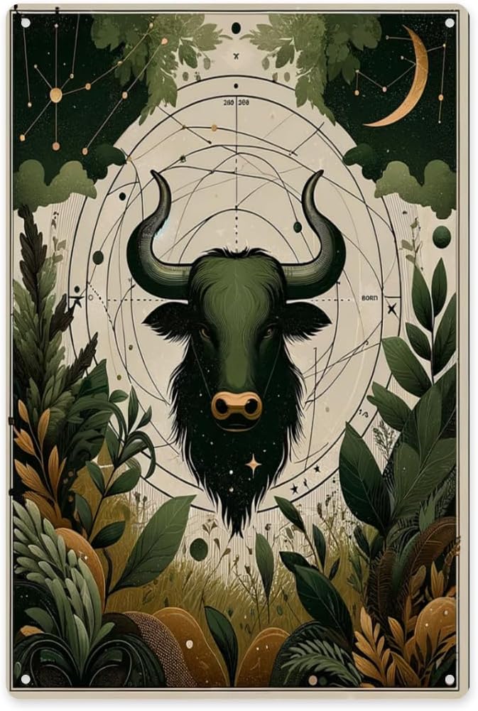 Metal tin sign，Taurus zodiac bull head with celestial circles, green leaves & starry motifs, unique wall art decor Tinplate for home, bedroom or astrological enthusiasts 6x8 inch - Taurus Products for men