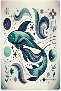 Pisces zodiac fish,Metal tin sign， star Zodiac signs & cosmic swirls, ideal wall art decor for home, bedroom or astrological enthusiasts,Easy to hang tinplate 6x8 inch - Pisces Home Decor for men